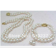 Fashion 2 rows white 8mm shell simulated-pearl round beads necklace bracelet earring party jewelry set 18inch 7.5inch MY4540 2024 - buy cheap