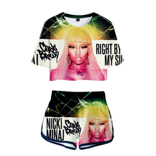 Комплект из двух предметов Pop Nicki Minaj, летняя сексуальная хлопковая футболка, женские шорты и короткий топ, модный спортивный костюм 2024 - купить недорого