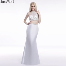 JaneVini Sexy White Sereia Duas Peças O Pescoço Frisado de Cristal Backless Da Dama de Honra Vestidos Até O Chão de Cetim Longo Partido Prom Vestidos 2024 - compre barato