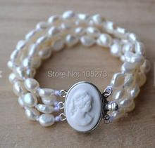 Pulsera de perlas de agua dulce, brazalete barroco blanco auténtico, hecho a mano, 6,5 pulgadas, 4 filas, 6-7mm, novedad 2024 - compra barato