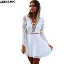 LIBERJOG Women Mini Chiffon Dresses Sexy V-neck Backless Long Sleeve Lace Split Joint Short Hollow Out White Dress Spring Summer 2024 - buy cheap