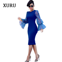 XURU Women Beading Pencil Dress O Neck Flare Sleeve Mesh Patchwork Bodycon Dresses Evening Party Casual Office Lady Dress 2024 - buy cheap