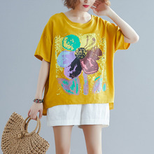 Летняя новая женская футболка с короткими рукавами, с цветочным принтом, Повседневная Свободная футболка с круглым вырезом, большие размеры, хлопковые льняные Топы 2024 - купить недорого