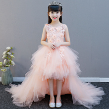 Glizt Long Trailing Girl Pageant Evening Gowns Pink Tulle Floral Flower Girl Dresses For Wedding Kids First Communion Vestidos 2024 - buy cheap