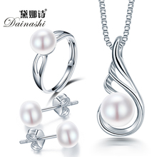 2019 dainashi novo clássico feminino conjuntos de jóias de noiva com 925 prata esterlina natural de água doce pérola pingente anel brincos 2024 - compre barato