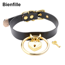 Gargantilla de cuero Real de 100% para mujer, Collar de oro redondo de 60mm, Collar de corazón de amor Kawaii, Gargantilla BDSM Bloqueable, Punk, gótico, hecho a mano 2024 - compra barato