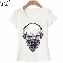 2021 mais novo moda casual roupas femininas crânio com fones de ouvido camiseta retro rock estilo mão desenhada camisas topos hipster 2024 - compre barato