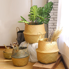 Foldable Laundry Straw Patchwork Storage Basket Wicker Rattan Seagrass Garden Flower Pot Plant Basket organizer INS House Decor 2024 - buy cheap