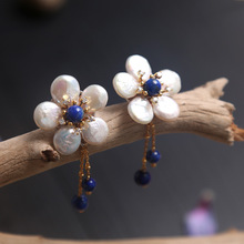 Italian design manual natural baroque pearls lapis tassel  flower wholesale gold-plated earrings earrings 2024 - buy cheap