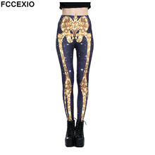 FCCEXIO-Leggings con estampado de calavera para mujer, pantalones de entrenamiento de cintura alta, Fitness, 3D, Galaxia, esqueleto dorado, novedad 2024 - compra barato