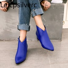 Women's Boots winter new style Solid Pointed zipper Thick heel mid heel Women's short Boots plus size 34-44 2024 - buy cheap
