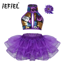 iEFiEL Girls Dance Costumes Halter Shiny Sequins Crop Top with Tutu Dress Flower Hair Clip for Gymnastics Ballet Jazz Dancewear 2024 - buy cheap