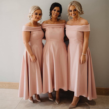Blush Pink Short Bridesmaid Dress 2019 Off Shoulder Satin Tea Length Wedding Guest Dresses Simple Boat Neck Wedding Party Dress 2024 - buy cheap