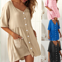 Women Casual Loose Short Sleeve Elegant Party Beach Vestidos Summer Dress Sexy V-Neck Buttons Pockets Mini Dress 2024 - buy cheap