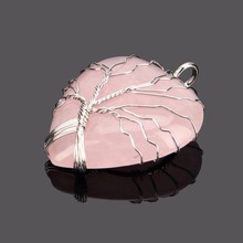 Pingente de pedra de coração 30mm, árvore enrolada, ametista natural, pedra rosa, quartzo, pingente, chakra, joias de cura, presentes para amantes 2024 - compre barato