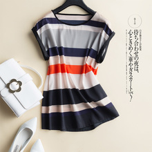 2018 Summer 92% Nature Silk T-shirt  Female Women's Short Sleeved Round Collar Stripes Loose Thin Real Silk Slim Tshirt 2024 - buy cheap