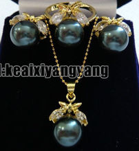 Yellow Gold plate Black  Pearl CZ Pendant Earring Ring AAA style Fine Noble real Natural free shipping 2024 - buy cheap