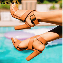 Aneikeh 2019 PU Gladiator Sandals Fashion Women Sandals High Heels Open toe Ankle Strap Shoes Square heel Pumps Black Size 35-40 2024 - buy cheap