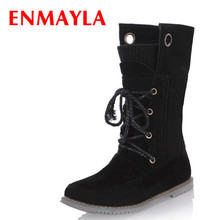 ENMAYLA/размер 43, ботинки из флока на плоской подошве со шнуровкой, женские полусапожки без шнуровки Осенняя удобная обувь женская обувь до середины икры с круглым носком 2024 - купить недорого