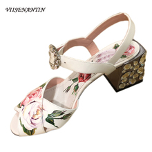 VIISENANTIN-Sandalias de estilo Retro para mujer, zapatos con estampado de flores, con correa de hebilla y Tacón cuadrado, color rosa y blanco 2024 - compra barato