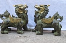 YM 320 китайская Классическая Бронзовая позолота Foo Dogs фигурка с драконом цилинь Lion Qilin, парная статуя 2024 - купить недорого