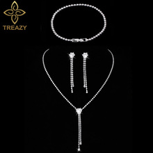 TREAZY Fashion Bridal Jewelry Sets For Women Rhinestone Crystal Long Tassels NECKLACE+EARRINGS+BRACELET Wedding Jewelry Sets 2024 - buy cheap