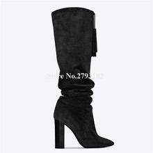 Winter New Fashion Women Pointed Toe Black Brown Suede Leather Chunky Heel Tassels Knee High Boots Pleated Thick Heel Long Boots 2024 - buy cheap