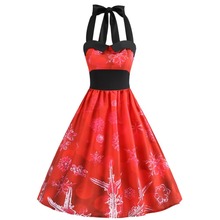 Vestido de natal Vestido 2018 Mulheres Sexy Halter Vestido Vermelho Ocasional Estampa floral Do Vintage Retro Pin Up Rockabilly Swing Party Vestidos 2024 - compre barato