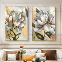 Pintura al óleo abstracta de flores blancas pintadas a mano, cuadros artísticos de pared sobre lienzo para sala de estar, decoración del hogar, 100% 2024 - compra barato