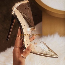 Sapato stiletto luxuoso transparente pvc, calçado feminino salto fino com cristais brilhantes 2024 - compre barato