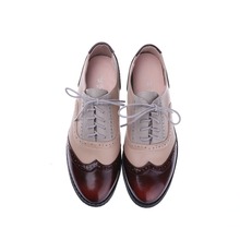 Vintage Genuine leather flat shoes woman US size 15 =28.5 CM hand brown+gray Color matching oxford shoe for women chaussure home 2024 - buy cheap