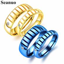 Seanuo Shining Stainless Steel Bump Groove Couple Wedding Rings Jewelry Fashion Blue CZ Stone Lovers' Valentine's Day Ring Gifts 2024 - buy cheap