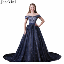 JaneVini 2018 Charming Tulle Long Bridesmaid Dresses A Line Beads Star Pattern Lace-up Back Court Train Women Pageant Prom Gowns 2024 - buy cheap