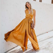 Женское длинное платье без рукавов, желтое плиссированное платье с разрезом, элегантное винтажное платье в стиле бохо, большие размеры, лето 2019 2024 - купить недорого