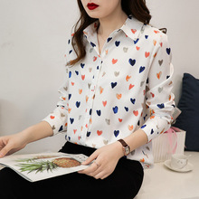 Women Heart Print Blouse Casual Long Sleeve Turn-down Tops Collar 2020 Female Loose Chiffon Blouses Tops Korean Ladies Clothing 2024 - buy cheap