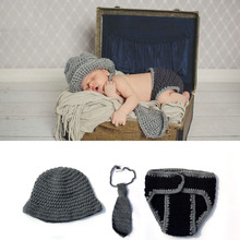 Newborn Boy Photography Props Crochet Knit Gentleman Costume Outfit Baby Hat with Diaper Cover and Necktie 2024 - buy cheap
