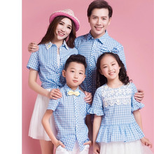 2018 summer family look mother daughter matching clothes outfits father and son blue plaid shirt girl bubble sleeve lace shirts 2024 - buy cheap