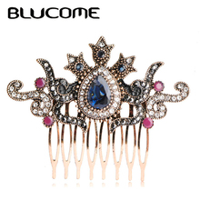 Blucome Vintage Women Hair Combs Brand Turkish Green Crown Big Water Drop Acrylic Hairwear Hair Accessories For Party Headwear 2024 - buy cheap