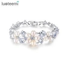 LUOTEEMI New Delicated Natural Pearls with Clear Cubic Zirconia Bracelet for Women Party Bangle Bridal Wedding Jewelry Gift 2024 - buy cheap