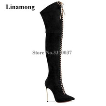 Women Sexy New Fashion Black Suede Leather Pointed Toe Over Knee Stiletto Heel Gladiator Boots Lace-up Thigh High Heel Boots 2024 - buy cheap
