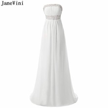 JaneVini Blanco simple vestidos largos de dama de honor de gasa una línea sin tirantes de lentejuelas con cuentas fiesta Prom atuendo vestidos formales tren de barrido 2024 - compra barato