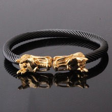 Top Design 316L Stainless Steel Gold Dragon Head Open End Black Wire Cable Rope Chain Mens Bracelet Cuff Bangle Hip hop Jewelry 2024 - buy cheap