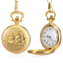 1pc Men Women Quartz Pocket Watch Golden Ship Pattern Carved Case with Chain IK88 2024 - buy cheap