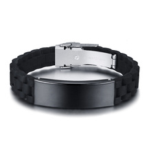 Personalize gravura preto id pulseiras para homens de aço inoxidável silicone pulseira casual masculino ajustável jóias 2024 - compre barato