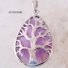 Серебряный цвет Дерево жизни капли воды ожерелье кулон натуральный камень фиолетовый кристалл 1 шт K444 2024 - купить недорого