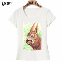 AMEITTE Summer Women T-Shirt Lovely Watercolor Portrait of squirrel eating nut Print T-Shirt Cute Girl Tops Fashion Casual Tees 2024 - buy cheap