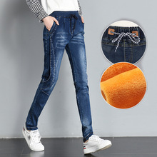 Plus Size Women Elastic High Waist Velvet Jeans Pants Winter Cashmere Warm Fleece Jeans For Female Lace Up Denim Trousers 5XL 2024 - buy cheap