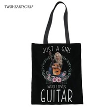 Twoheartsgirl Black Guitar Lover Handbag for Women Casual Canvas Tote Bag Fashion Female Ladies Shoulder Bag Beach Tote 2024 - buy cheap