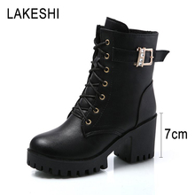 LAKESHI Women High Boots Thick Heels Women Boots Platform Round Toe Ankle Boots Women Shoes Lace-Up Women Heels Ankle Boots 2024 - buy cheap