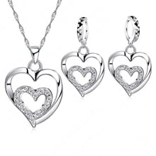 Fashion Women Jewelry Sets 925 Sterling Silver Zircon CZ Crystal Double Love Heart Necklace&Earrings Jewelry Set 2024 - buy cheap